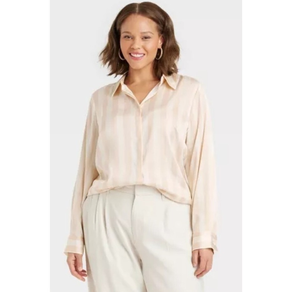 A New Day Pinkish-Beige Striped Satin Button Up Shirt Blouse Long Sleeve S NWT
